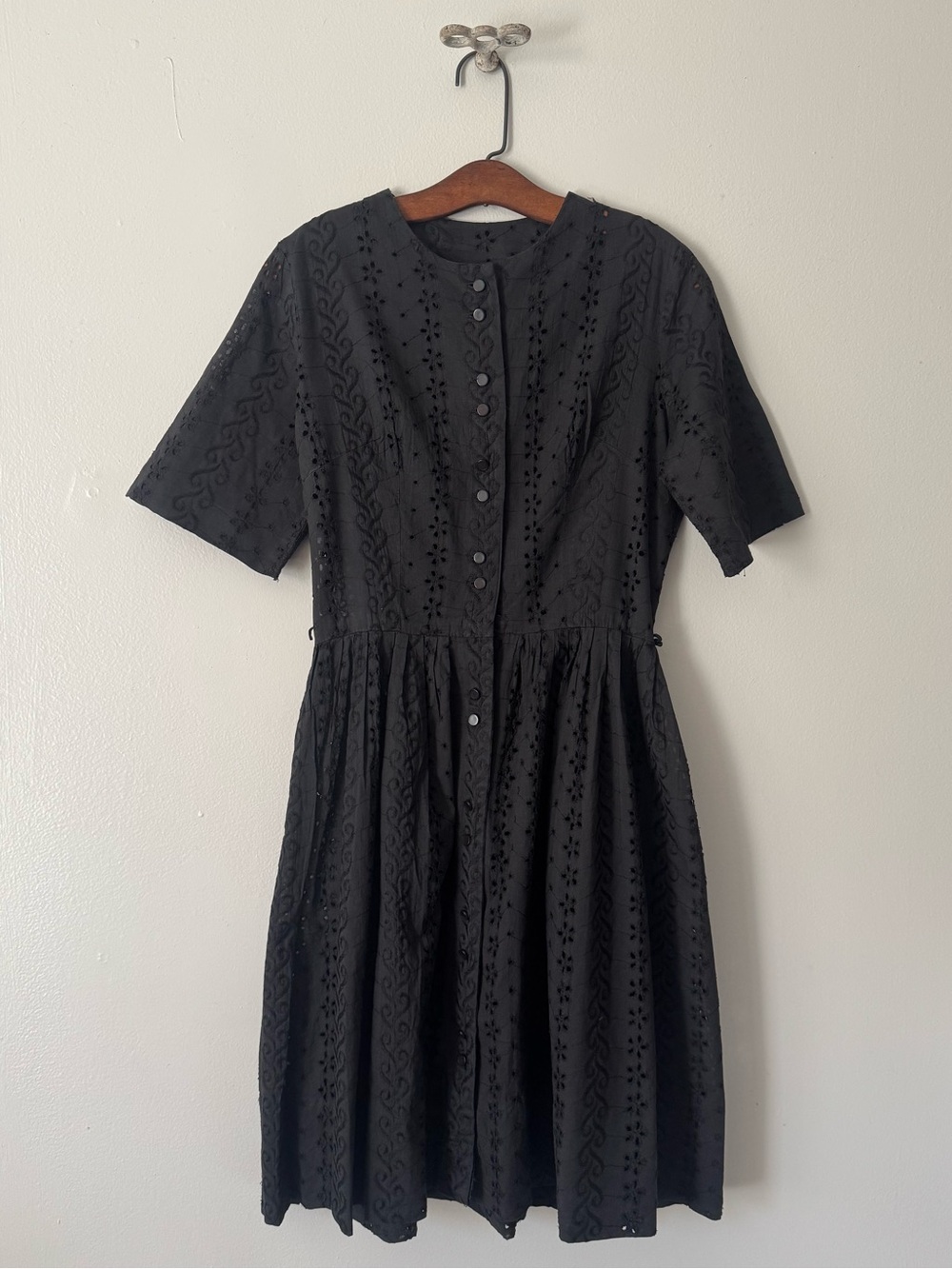 Vintage 1950s Black Button Front Cotton Eyelet Dress.